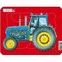 Un puzzle illustrant un tracteur bleu sur un fond rouge