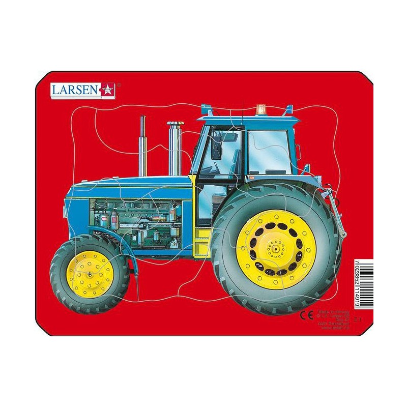 Un puzzle illustrant un tracteur bleu sur un fond rouge